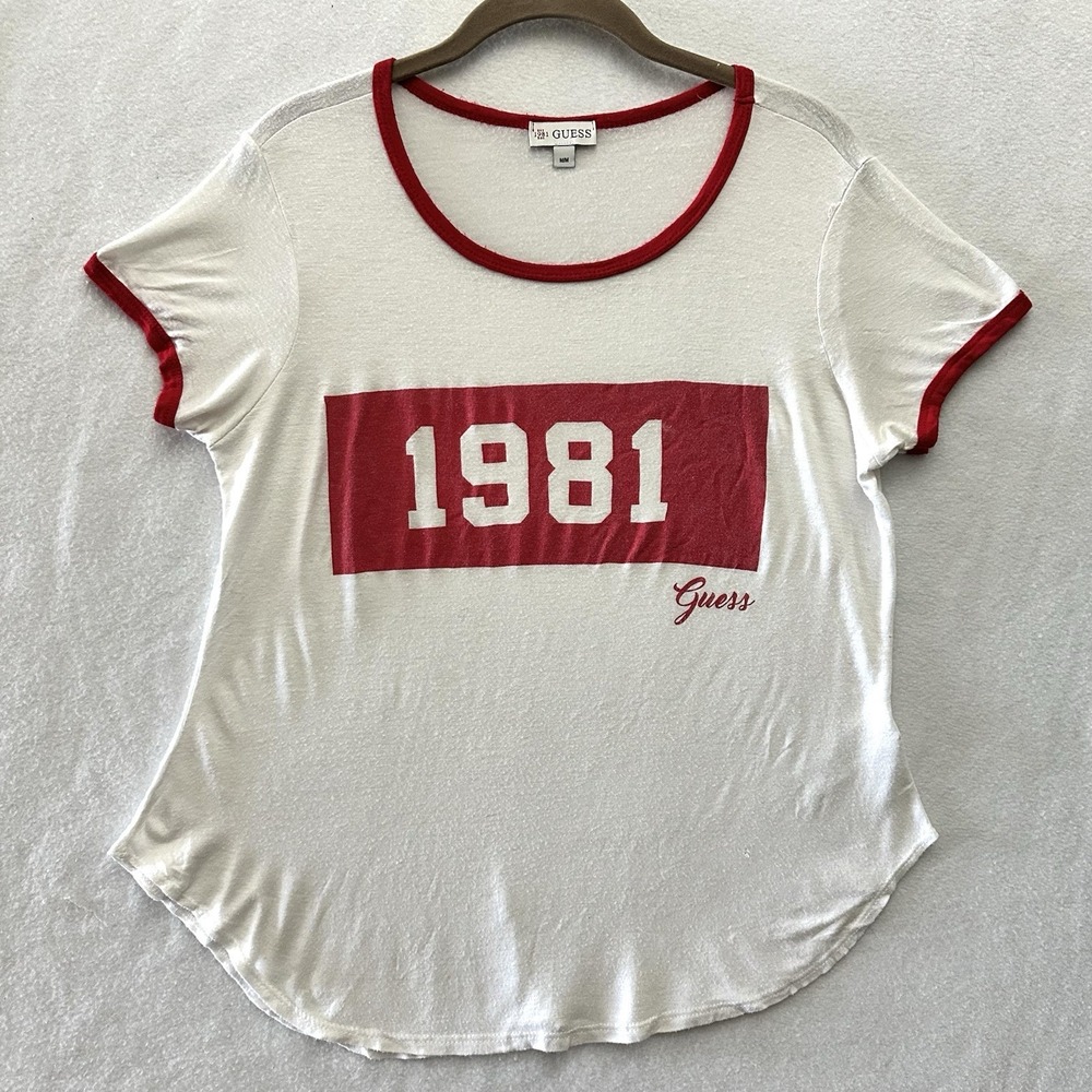 Guess 1981 Women's Medium M Ringer Tee T-shirt Red White Round Hem Retro USA